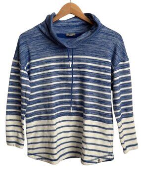 T by Talbots Cotton Blend Striped Hoodie MP Blue White Petite Nautical Beach Top